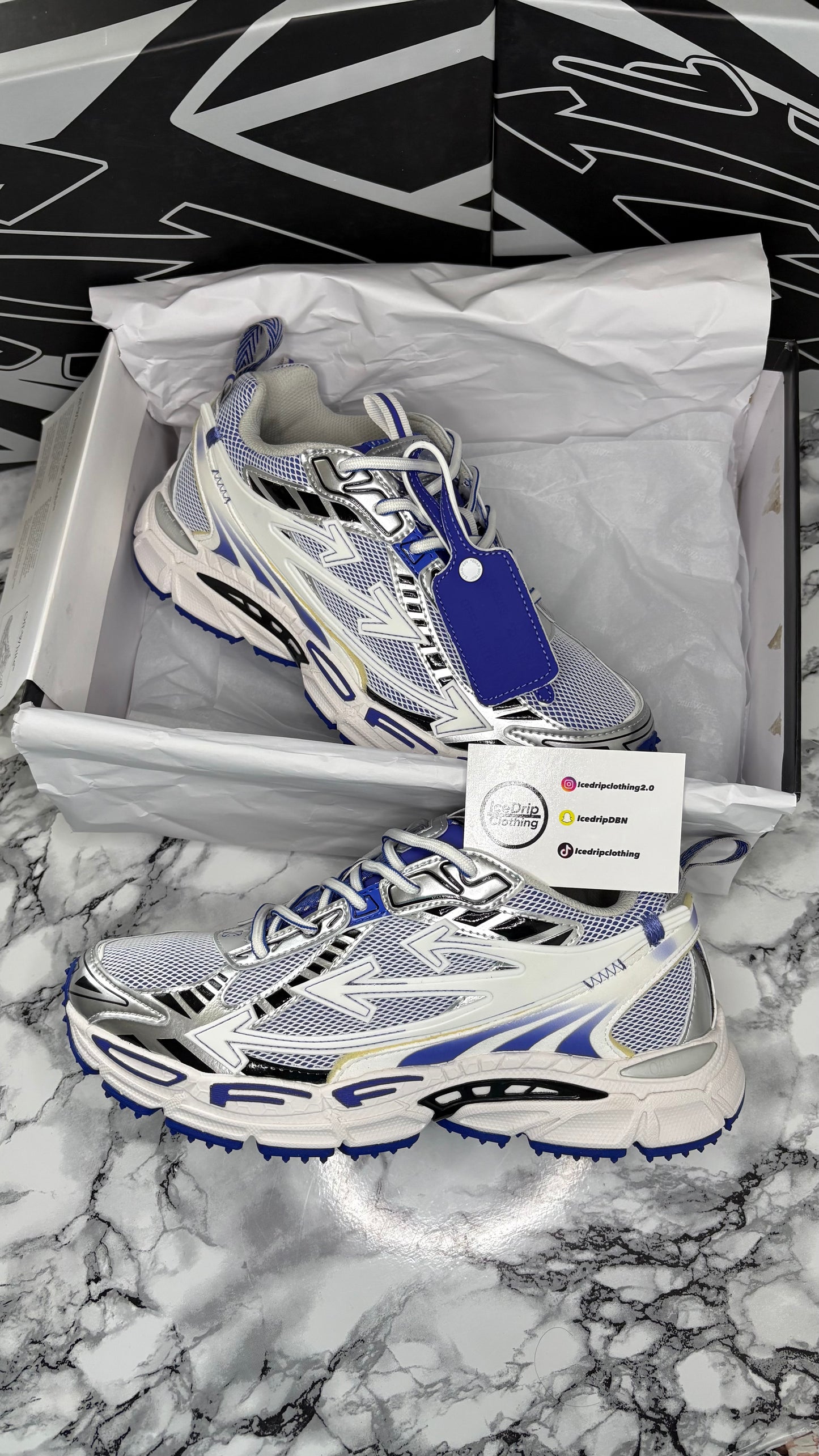 Off white “be right back” blue white