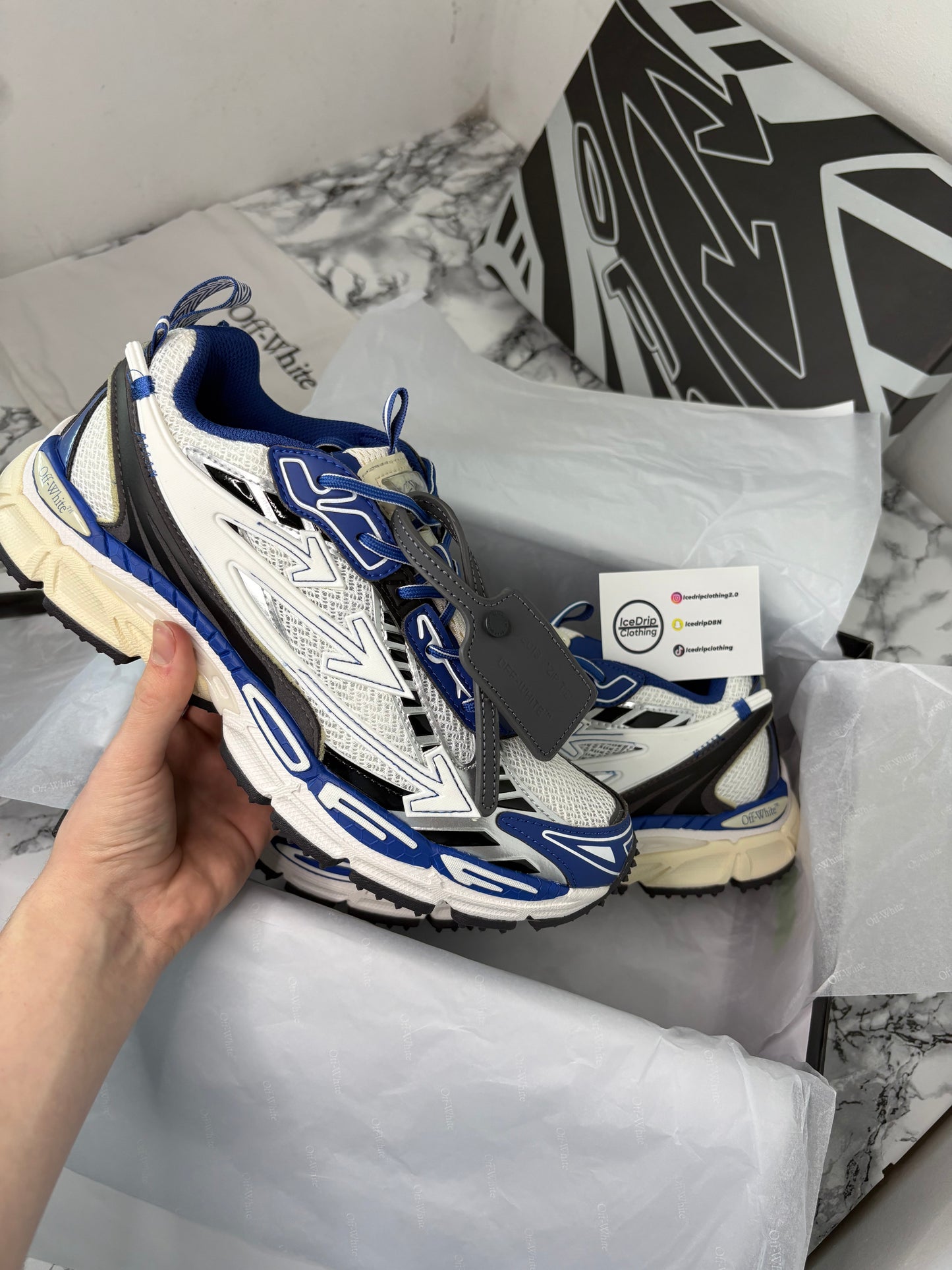 Off white , be right back , Blue /White/Cream