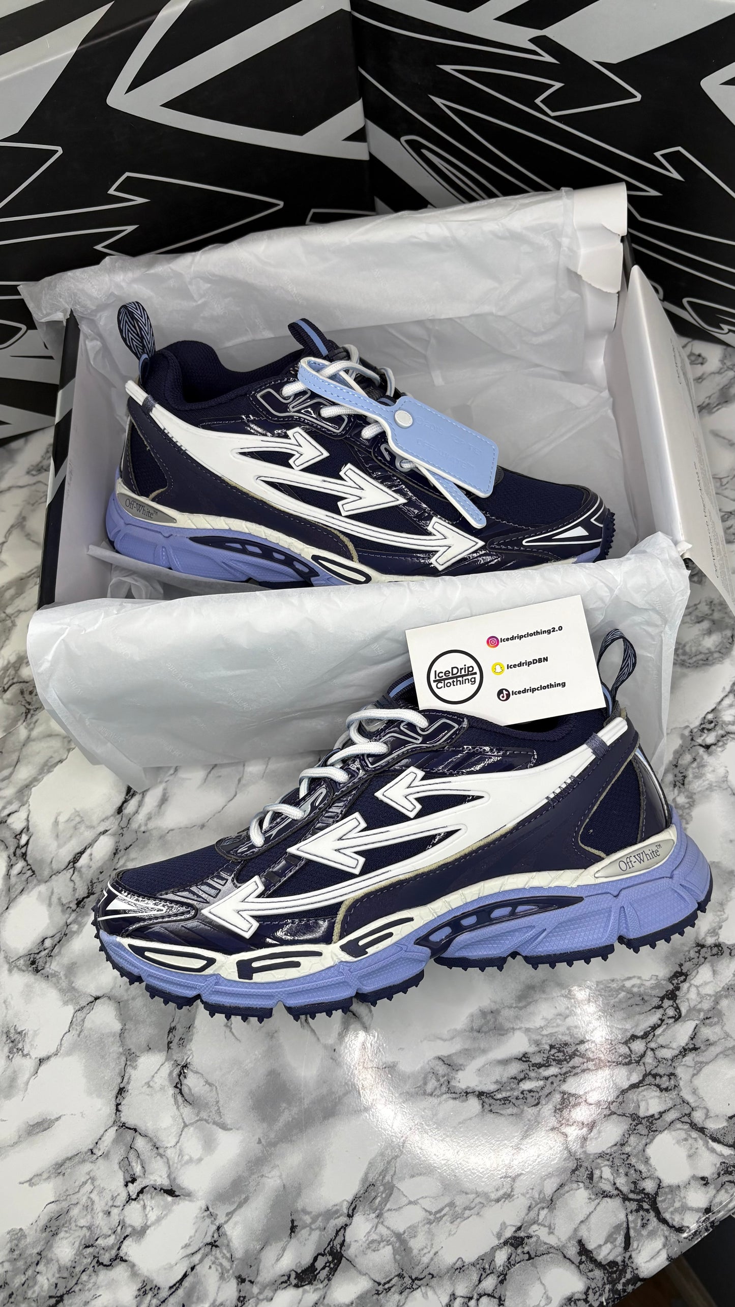 Off white “be right back” Blue navy white