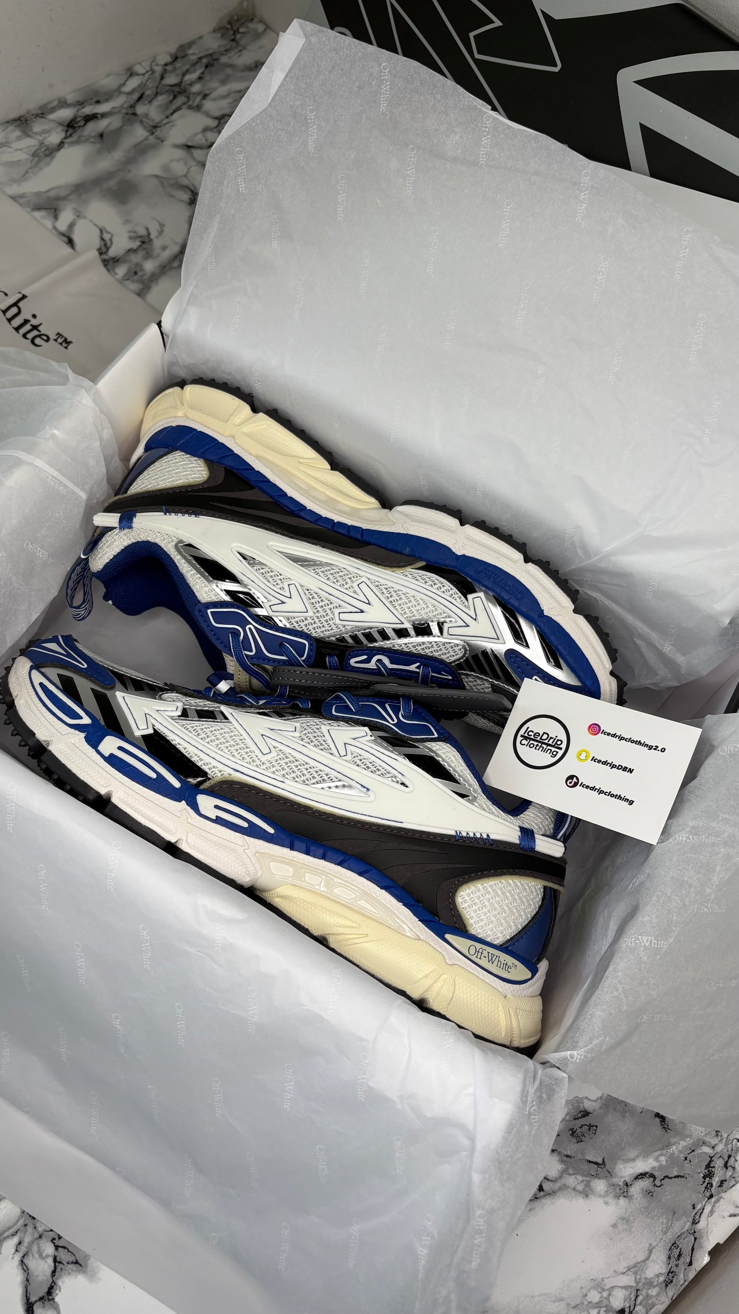 Off white , be right back , Blue /White/Cream