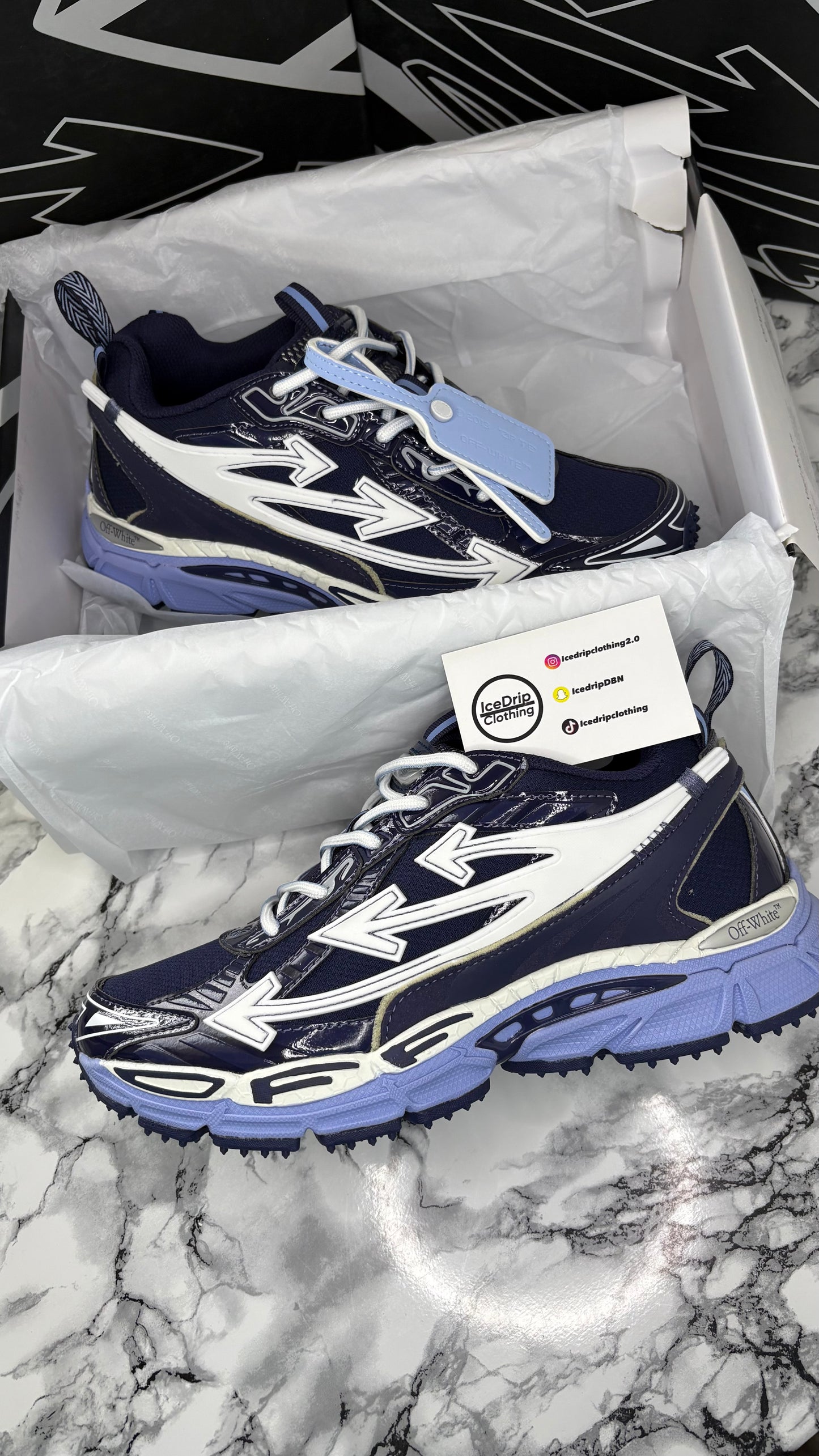 Off white “be right back” Blue navy white